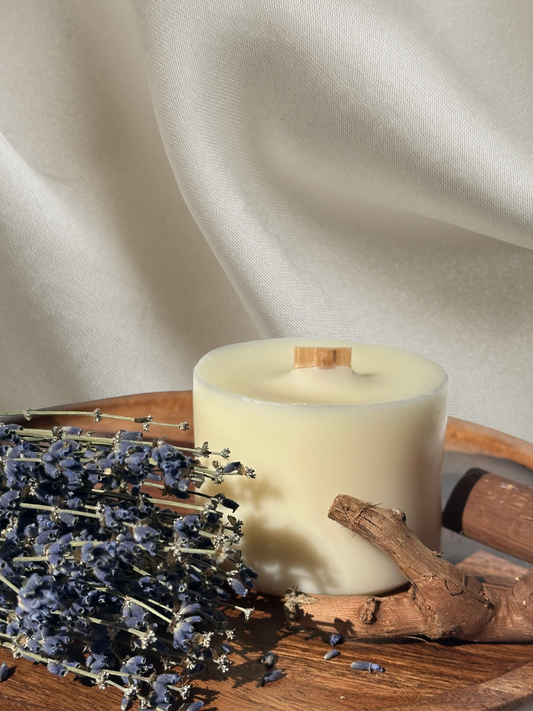 lavender & driftwood scented handmade candles, front