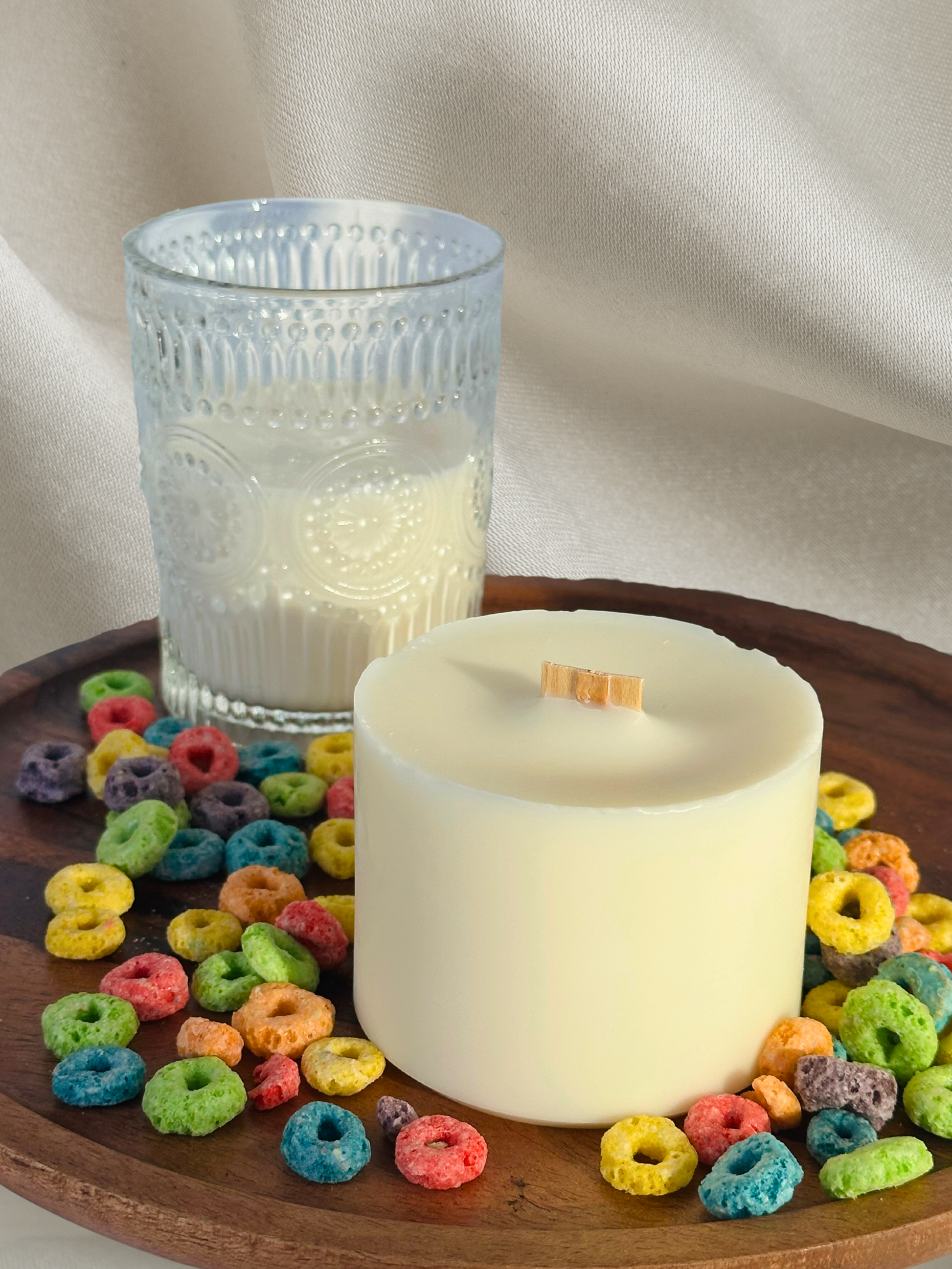 fruity cereal handmade candles, front