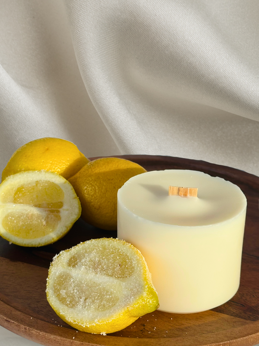 lemon & sugar scented handmade candles, front