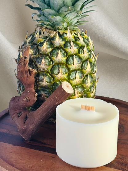 pineapple & beach wood scented handmade candles, front